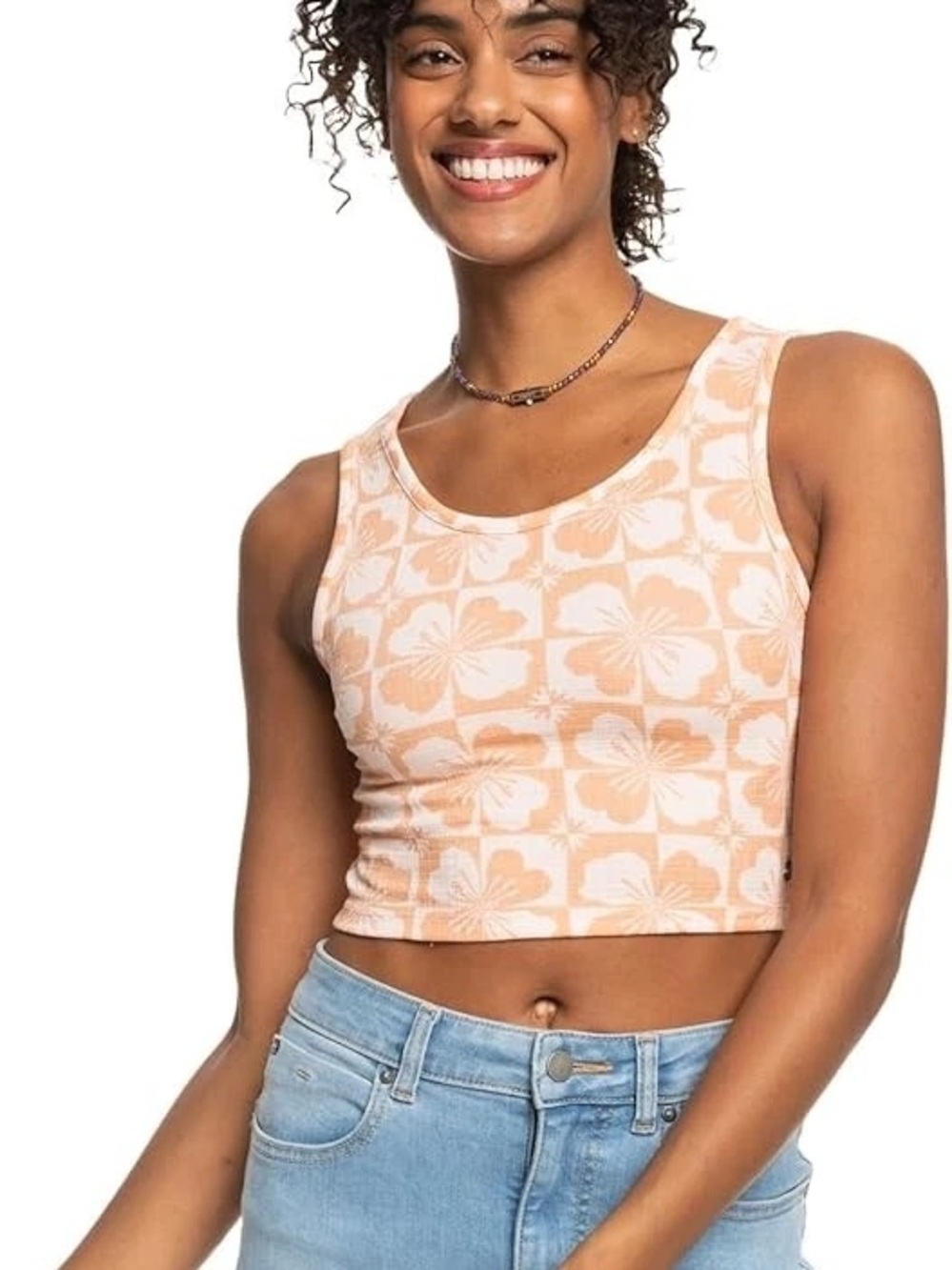 Roxy Peach Floral Cropped Tank Top